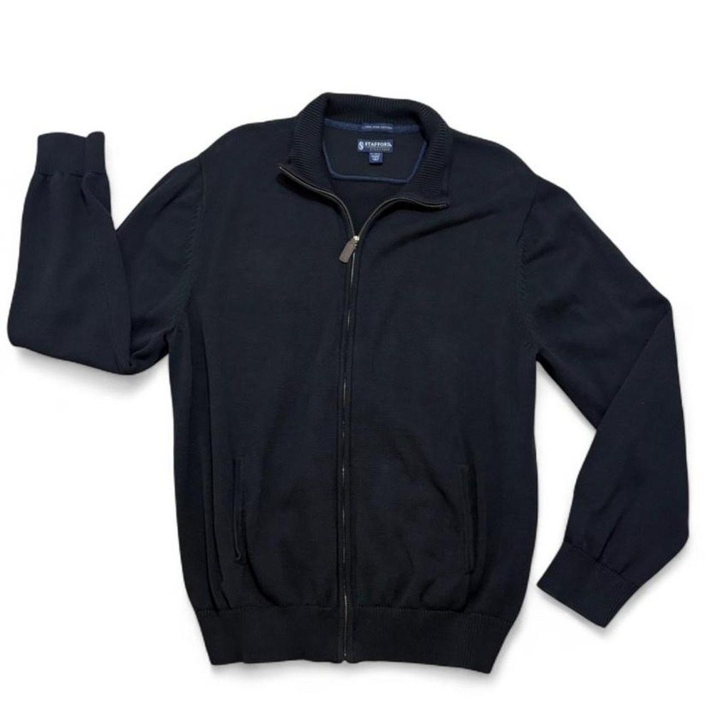 100% Pima Cotton Mock Neck Cardigan Sweater Preppy Full-Zip Black Stafford XL